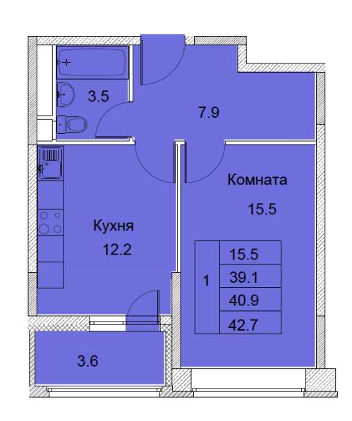 1-к квартира, улица Советская, дом 6, площадь 40,9, этаж 10
