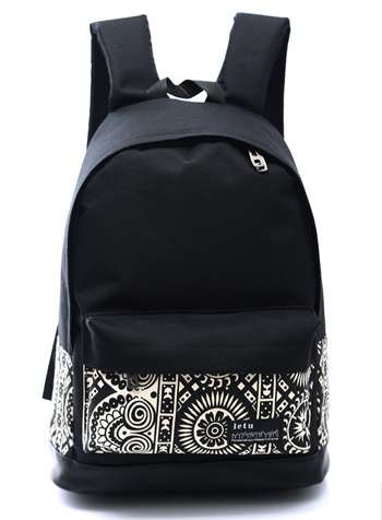 Рюкзак черный городской с белым орнаментом на кармане
