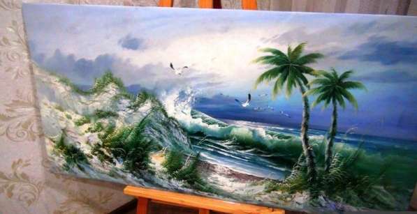 Пальма на берегу моря, 120х60см, картина маслом на холсте