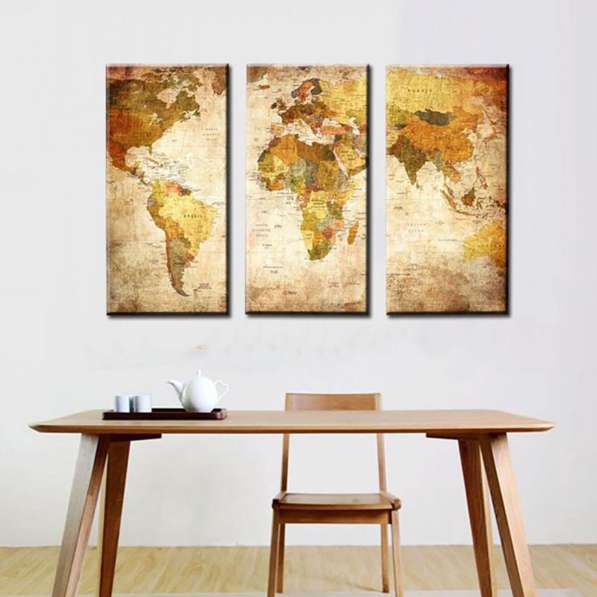 Карта мира - модульная картина из 3-х частей. печать на холс